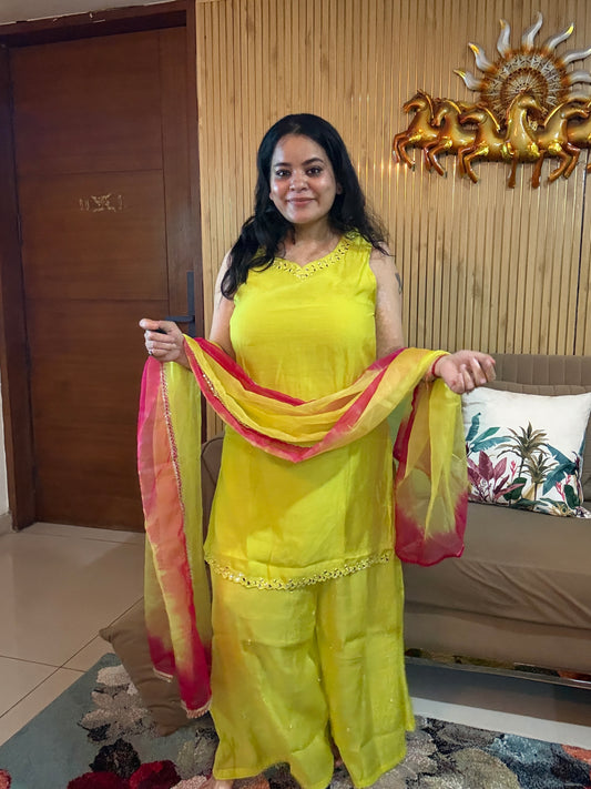 Lime Glow Mirror Work Suit