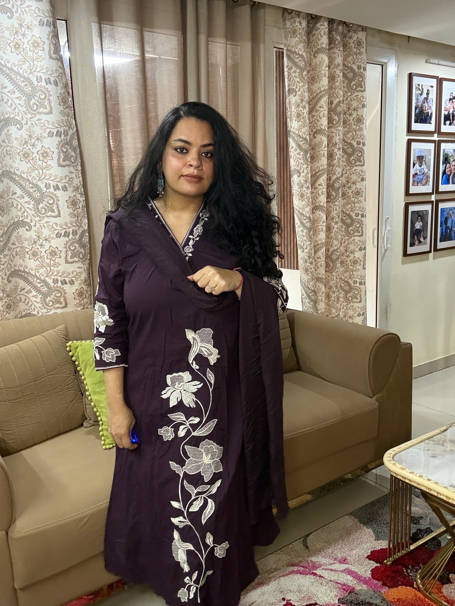 Plum Elegance Floral Embroidered Suit Set
