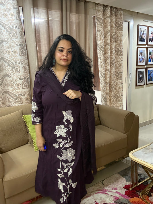 Plum Elegance Floral Embroidered Suit Set