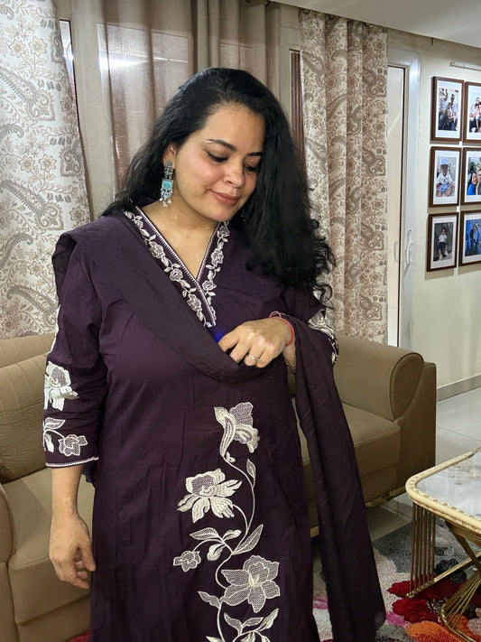 Plum Elegance Floral Embroidered Suit Set